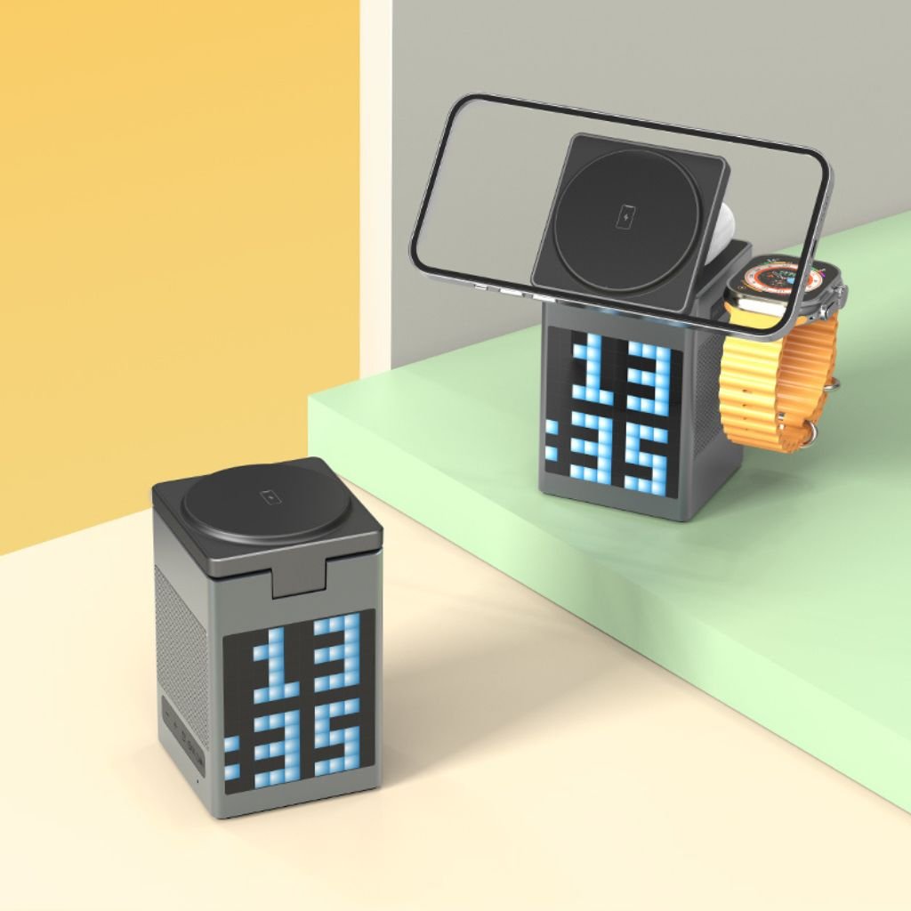 3 in 1 Magnetic Charger with Alarm Clock & Bluetooth Speaker for Apple - MoodPeach