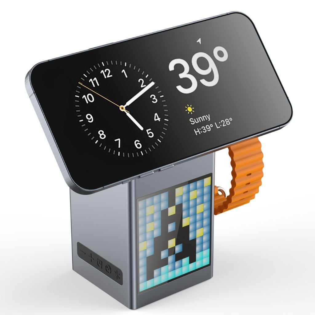 3 in 1 Magnetic Charger with Alarm Clock & Bluetooth Speaker for Apple - MoodPeach