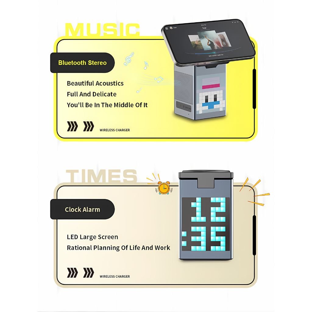 3 in 1 Magnetic Charger with Alarm Clock & Bluetooth Speaker for Apple - MoodPeach