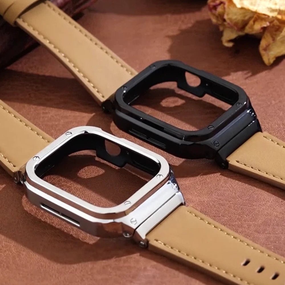 Premium Leather Band with Stainless Steel Case for Apple Watch - MoodPeach